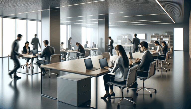 Oficina moderna con ambiente de trabajo colaborativo y tecnología visible, personas trabajando en laptops.