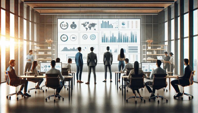 Emprendedores reunidos frente a pantallas mostrando gráficos y videos en una sala moderna de coworking.