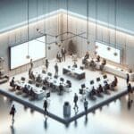 Plano minimalista de una sala de reuniones tecnológica con personas colaborando y dispositivos innovadores.