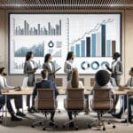 Oficina moderna con un equipo multicultural discutiendo gráficos de crecimiento en pantallas digitales