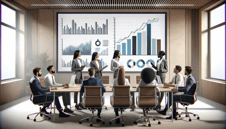 Oficina moderna con un equipo multicultural discutiendo gráficos de crecimiento en pantallas digitales