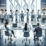 Laboratorio biotecnológico moderno con científicos trabajando en muestras de ADN.