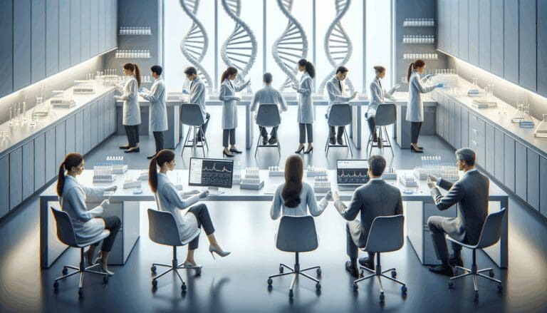 Laboratorio biotecnológico moderno con científicos trabajando en muestras de ADN.