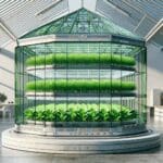 Fotografía de un invernadero futurista con estructura translúcida y cultivos verdes en su interior, fondo limpio y moderno.