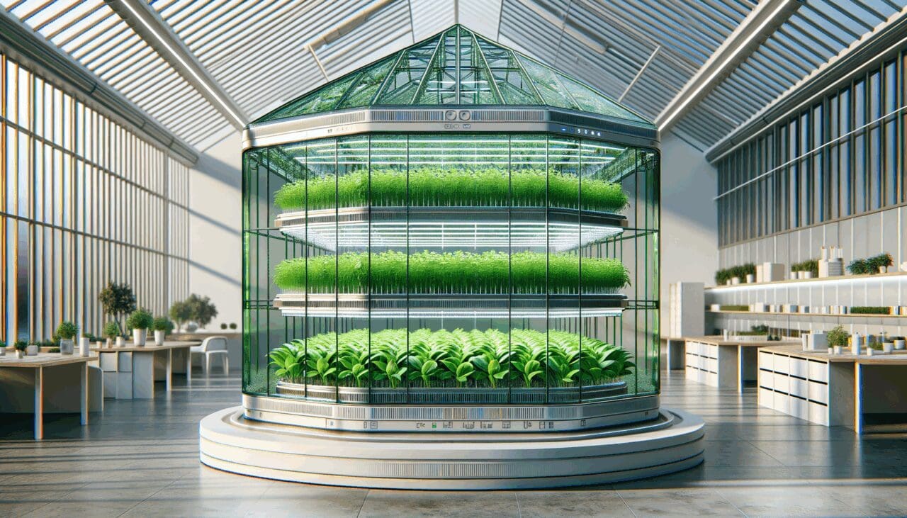 Fotografía de un invernadero futurista con estructura translúcida y cultivos verdes en su interior, fondo limpio y moderno.