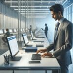 Empleado de tecnología trabajando con dispositivos inteligentes y pantallas digitales en una oficina moderna iluminada.