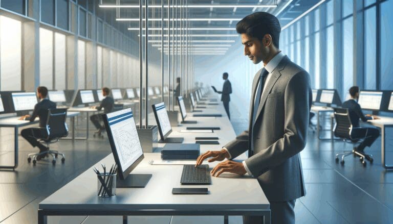 Empleado de tecnología trabajando con dispositivos inteligentes y pantallas digitales en una oficina moderna iluminada.