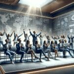 Grupo de jóvenes emprendedores celebrando en un moderno auditorio tecnológico, con luces y ambiente innovador.