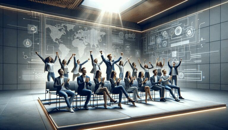 Grupo de jóvenes emprendedores celebrando en un moderno auditorio tecnológico, con luces y ambiente innovador.
