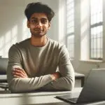Retrato de un joven emprendedor en una oficina moderna con luz natural y laptops sobre la mesa.