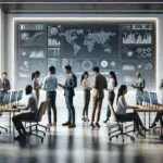 Grupo diverso de emprendedores en una sala moderna, colaborando frente a pantallas con datos y gráficos digitales.