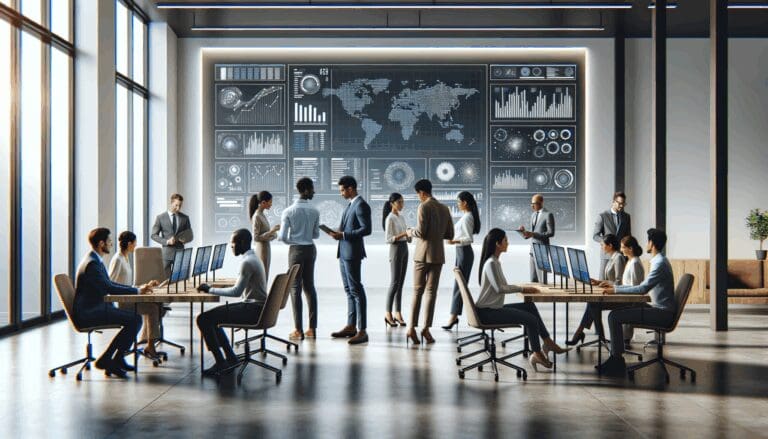 Grupo diverso de emprendedores en una sala moderna, colaborando frente a pantallas con datos y gráficos digitales.