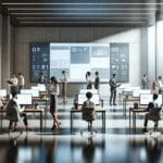 Oficina moderna con personas colaborando frente a pantallas digitales, ambiente tecnológico y profesional.