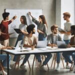 Equipo joven colaborando en una moderna sala de coworking con pizarras y laptops.