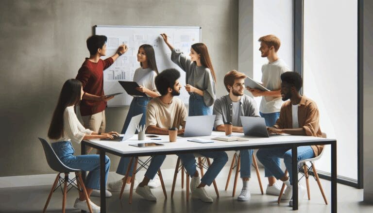 Equipo joven colaborando en una moderna sala de coworking con pizarras y laptops.