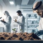 Primer plano de laboratorio agrícola moderno con científicos analizando muestras de suelo y plantas bajo luz blanca limpia.