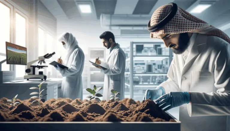 Primer plano de laboratorio agrícola moderno con científicos analizando muestras de suelo y plantas bajo luz blanca limpia.