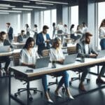 Oficina moderna con emprendedores trabajando en laptops, ambiente tecnológico y colaborativo.