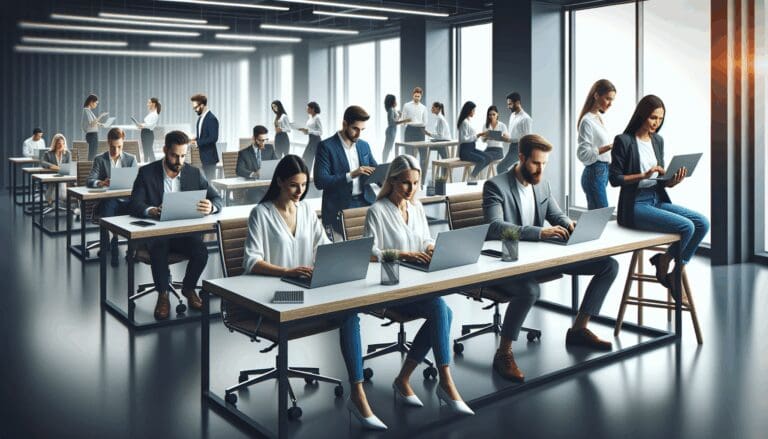 Oficina moderna con emprendedores trabajando en laptops, ambiente tecnológico y colaborativo.