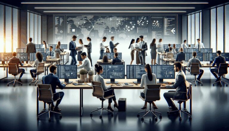 Oficina moderna con equipos de jóvenes profesionales colaborando frente a pantallas de datos y códigos.