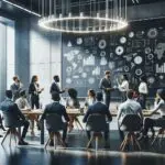 Equipo internacional de emprendedores conversando frente a pizarras digitales en una oficina moderna.