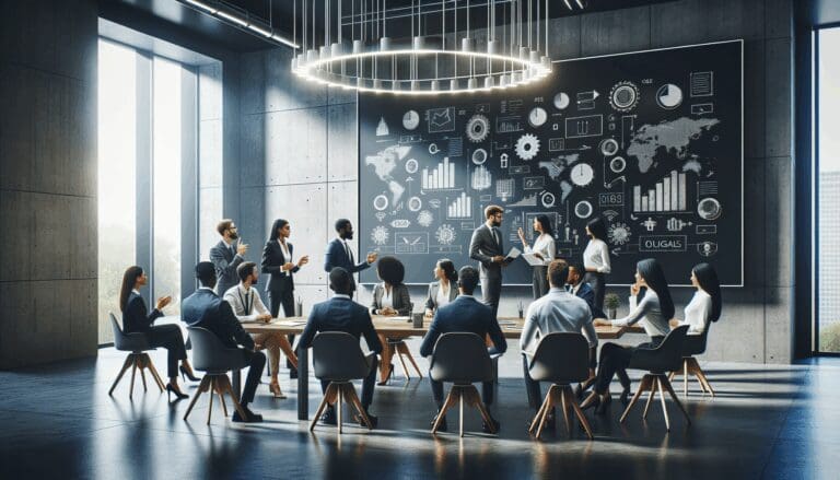 Equipo internacional de emprendedores conversando frente a pizarras digitales en una oficina moderna.