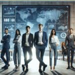 Jóvenes emprendedores frente a pantallas con gráficos tecnológicos en una sala moderna y luminosa.