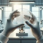 Primer plano de manos con guantes manipulando una placa de laboratorio en un entorno moderno y bien iluminado.