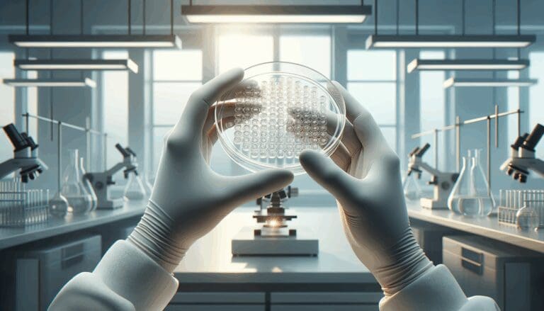 Primer plano de manos con guantes manipulando una placa de laboratorio en un entorno moderno y bien iluminado.