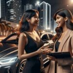 Dos mujeres conductoras conversan junto a un automóvil moderno en una ciudad latinoamericana luminosa.