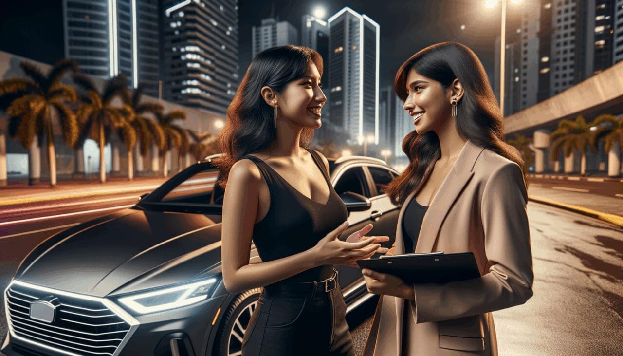 Dos mujeres conductoras conversan junto a un automóvil moderno en una ciudad latinoamericana luminosa.