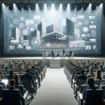 Auditorio moderno lleno de emprendedores frente a pantallas digitales con proyectos de construcción tecnológica.