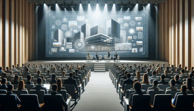 Auditorio moderno lleno de emprendedores frente a pantallas digitales con proyectos de construcción tecnológica.