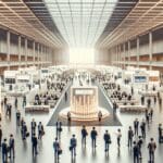 Salón principal de un evento tecnológico, lleno de asistentes internacionales y stands de startups.