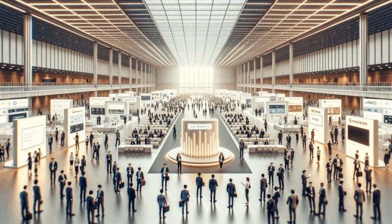 Salón principal de un evento tecnológico, lleno de asistentes internacionales y stands de startups.