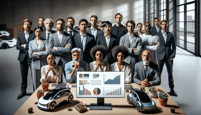 Grupo de emprendedores observando un tablero digital con gráficos y autos eléctricos en un fondo tecnológico.