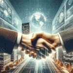 Manos estrechándose delante de una pantalla con gráficos digitales y edificios modernos de fondo.