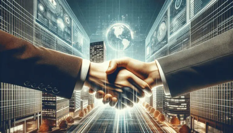 Manos estrechándose delante de una pantalla con gráficos digitales y edificios modernos de fondo.