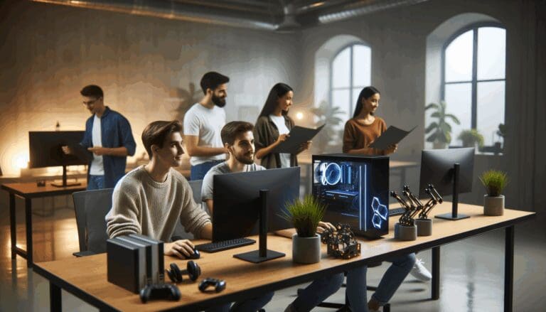 Jóvenes emprendedores colaborando en un espacio moderno con ordenadores y elementos de gaming.