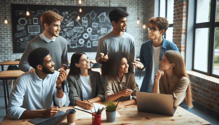 Emprendedores jóvenes compartiendo ideas en un moderno espacio de coworking, laptops y pizarras al fondo.