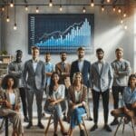 Empresarios jóvenes reunidos frente a una pantalla con gráficos financieros en un espacio de coworking moderno.