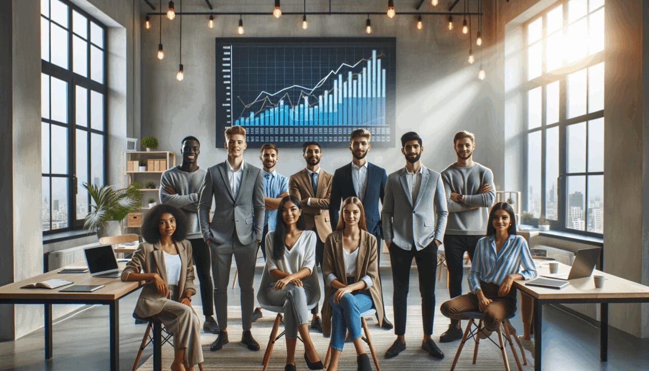Empresarios jóvenes reunidos frente a una pantalla con gráficos financieros en un espacio de coworking moderno.
