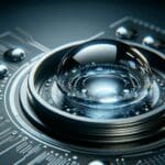 Primer plano de lentes de contacto tecnológicas brillando sobre una mesa futurista en fondo oscuro.