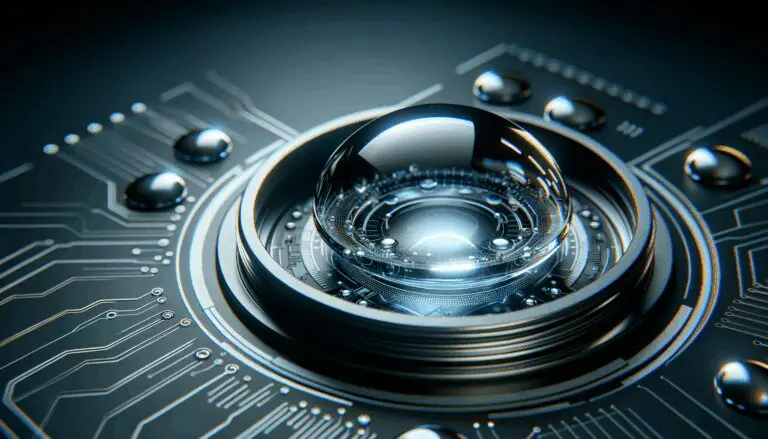 Primer plano de lentes de contacto tecnológicas brillando sobre una mesa futurista en fondo oscuro.