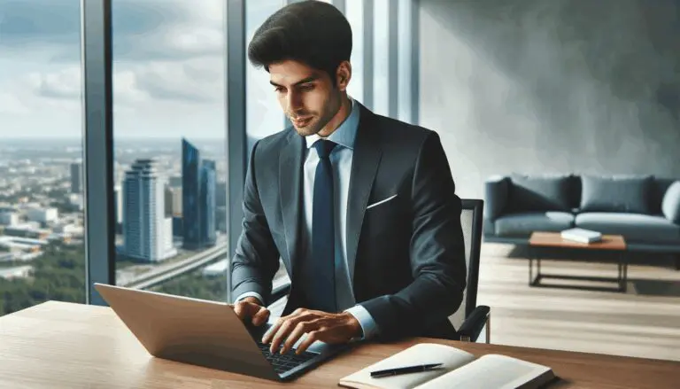 Emprendedor latinoamericano trabajando frente a un portátil en una oficina moderna con vista a la ciudad.