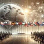 Representación artística de un evento tecnológico global con banderas internacionales.