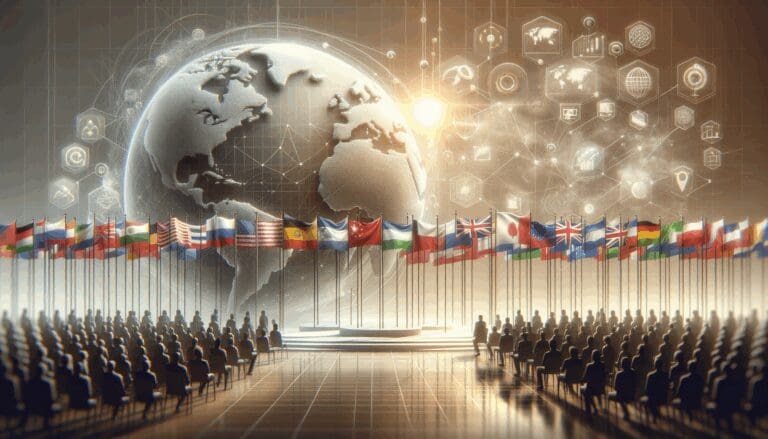 Representación artística de un evento tecnológico global con banderas internacionales.