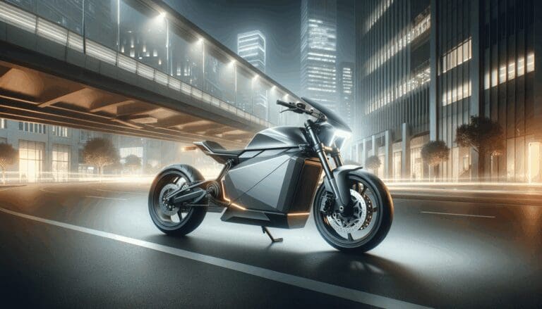 Motocicleta eléctrica moderna en una calle urbana iluminada, ambiente tecnológico y futurista.