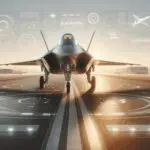 Caza militar moderno en pista de aterrizaje al amanecer, con cielo despejado y ambiente tecnológico.