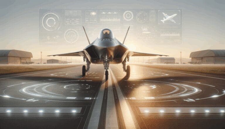 Caza militar moderno en pista de aterrizaje al amanecer, con cielo despejado y ambiente tecnológico.